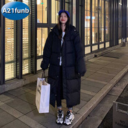 A 21 FUNB冬季中長款棉服女2025年韓版寬松中戲情侶棉衣女加厚ins棉襖外套 黑色  帽子可拆卸 XS