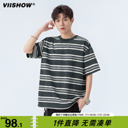 viishow潮牌夏季復(fù)古撞色條紋圓領(lǐng)短袖T恤男女寬松情侶休閑百搭體恤 灰白條 S