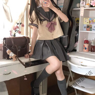 真即胖mm大碼jk制服套裝夏學(xué)生海軍領(lǐng)日系水手服套裝裙學(xué)院風(fēng)水手裙女 灰色上衣+粉紅小長(cháng)柄+深灰百褶裙 S (建議90斤內)