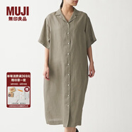 無(wú)印良品 MUJI 女式 法國亞麻水洗 五分袖開(kāi)襟連衣裙 BCL08C0S 深咖啡色 M-L
