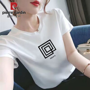 皮爾卡丹（PIERRE CARDIN）短袖女2025款t恤女寬松上衣女士韓版簡(jiǎn)約體恤女百搭衣服 白色【方格】 S 碼【建議80-95斤】