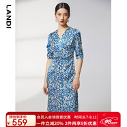 藍地（LANDI）商場同款夏季新款腰部抽褶碎花印花短袖連衣裙女 淺藍色 M