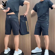 花花公子夏季薄款冰絲速干T恤男士休閑套裝彈力印花透氣網(wǎng)眼清爽運動(dòng)戶(hù)外 0EE黑色運動(dòng)套裝（短褲+T恤）  XL 120-135斤