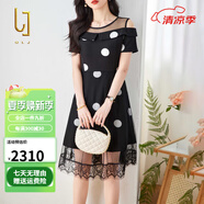 OLJ高檔品牌連衣裙女2025年夏季新款蕾絲網(wǎng)紗拼接波點(diǎn)雪紡洋氣顯瘦裙 圓點(diǎn) 2XL