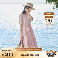 茵曼（INMAN）七七同款連衣裙2025夏女裝新款田園純棉提花方領(lǐng)A字泡泡袖蛋糕裙 皮粉色 L