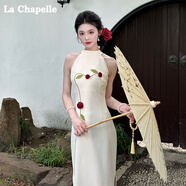 拉夏貝爾（La Chapelle）連衣裙定制枝蔓輕吟法式掛脖連衣裙夏新款修身氣質(zhì)巨好看包臀裙 云朵米無袖版 S 80-100斤 80-100斤