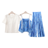 2025新款氣質(zhì)度假風(fēng)重工蕾絲短袖上衣打底藍色吊帶連衣裙超仙短裙 蕾絲打底+藍色吊帶+長(cháng)褲 L （108-118）