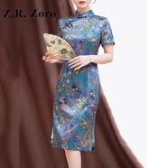 Z.R.Zoro奢侈品真絲連衣裙女2025夏季新款新中式小個子旗袍裙印花連衣裙女 藍色 L