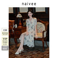 納薇（naivee）【法式中國風(fēng)】印花V領(lǐng)短袖連衣裙萊賽爾收腰新款花鳥(niǎo)印花連衣裙 米色 S