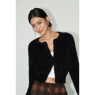 仿貂毛開(kāi)衫毛衣外套女秋冬季復古百搭短款針織衫毛毛上衣 黑色 現貨 L