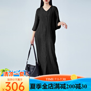 SHXI三宅褶皺歐美連衣裙大碼夏季胖mm金屬寬松v領(lǐng)優(yōu)雅禮服長(zhǎng)裙子 黑色 均碼