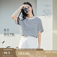 茵曼（INMAN）條紋圓領(lǐng)T恤女夏季新款套頭休閑寬松顯瘦純棉短袖上衣 藍(lán)白條 M