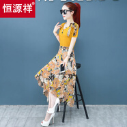 恒源祥中年雪紡連衣裙不規(guī)則2025新款夏季女韓版潮收腰短袖碎花顯瘦裙子 土黃色 XL