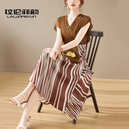 拉倫菲韻高端品牌雪紡連衣裙2025夏季新款洋氣減齡顯瘦時(shí)尚媽媽不規(guī)則長裙 卡其色（母親節(jié)禮盒包裝） 3XL 【125-140斤】