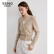 衣香麗影卡其色撞色拼接針織衫女秋裝新款設計感收腰羊毛上衣 淺卡其 L