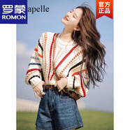 羅蒙針織衫女2024秋季新款少女感穿搭鏤空鉤花毛衣條紋拼接撞色線(xiàn)衫女 2787圓領(lǐng) 均碼
