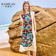 卡米蘭（kamilan）[桑蠶絲]高級獨(dú)特?zé)o袖連衣裙女夏2025新款海邊度假真絲裙子 花色 L
