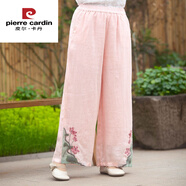 皮爾卡丹（pierre cardin）棉麻國風(fēng)夏季文藝新款女褲松緊腰繡花休閑褲復古闊腿寬松直筒褲 粉色 今年流行的輕奢品牌 M 85-105