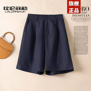 拉倫菲韻高端品牌 亞麻五分短褲女2025夏季新款休閑寬松高腰顯瘦中褲熱褲 藏藍(lán)色 XL