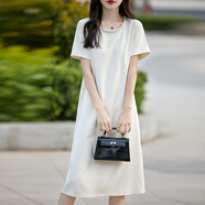 綿淌醋酸真絲釘珠連衣裙女中長(cháng)款鑲鉆A字短袖寬松長(cháng)裙純色 白色