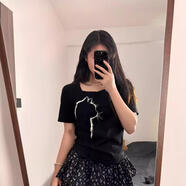 嗨蕾迪（HILADY）女裝夏季新款大尺碼胖mm顯瘦遮肚梨型身材黑色印 黑色T恤 均碼 M 建議80-100斤