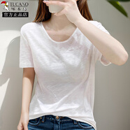 啄木鳥(niǎo)竹節棉短袖t恤女士2025夏季新款寬松白色大V領(lǐng)口體恤亞麻正肩上衣 白色(純色) M 100-115斤