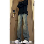 至濤純黑色柳葉微喇彎刀牛仔褲男生夏季美式vibe褲子cleanfit直筒長(cháng)褲 復古藍 XL