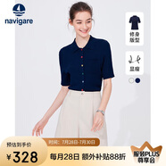 Navigare意大利小帆船女士翻領中袖針織衫修身開衫2324524503 藍 L 