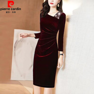 皮爾卡丹2025春秋女新款金絲絨旗袍長(cháng)袖洋氣媽媽婚宴喜婆婆禮服顯瘦連衣裙 酒紅色 XL