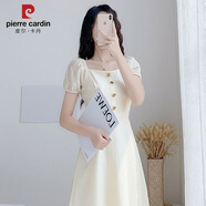 皮爾卡丹（pierre cardin）連衣裙新夏款修身顯瘦純色方領(lǐng)氣質(zhì)泡泡袖赫本風(fēng)初戀小裙子 米白色短袖(彈力棉)連衣裙 XS 胸圍80腰圍64
