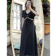 TNWKJLC小個(gè)子胖mm海邊連衣裙大碼法式2025夏季新款V領(lǐng)短裙顯瘦黑色波點(diǎn) 黑色長(cháng)裙 M （建議100-115斤b
