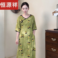 恒源祥夏季新中式改良五分袖爆款薄款大碼寬松氣質(zhì)日常棉綢旗袍連衣裙 小糖人- (包邊款口袋款) M XL：裙長(zhǎng)120c 身高160以下