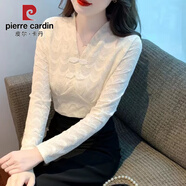 皮爾卡丹高端v領(lǐng)加絨蕾絲打底衫女長(cháng)袖2025年新款秋冬裝保暖內搭洋氣上衣 杏色 5XL 170-185斤