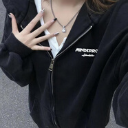 紫昕月黑色拉鏈開(kāi)衫衛衣外套女春秋薄款連帽秋冬寬松百搭小個(gè)子 日韓黑色外套薄 M [85-105斤]