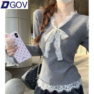 DGOVv領蕾絲蝴蝶結喇叭袖針織衫女春秋氣質內(nèi)搭打底毛衣感修身上衣 灰色 M 【81-95斤】