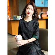 迪芬.璐嘉杭州絲綢真絲裙子女正宗香云紗花蘿桑蠶絲連衣裙女2025年夏季新款 黑花 L 適合85-110斤左右