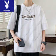 花花公子（PLAYBOY）紫色短袖男夏季薄款寬松休閑圓領(lǐng)半袖青少年衣服男生潮牌扎染體恤 D332白色 2XL 約140-160斤可穿