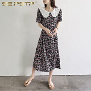 夏典素訂女王（SE.PSTP）蕾絲娃娃領(lǐng)棉綢碎花連衣裙女夏2025獨特絕美人造棉掐腰顯瘦長(cháng)裙子 粉白小花 3XL 適合90-115斤