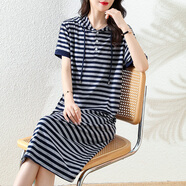 NICOLEJOLIE真口袋純棉條紋短袖連衣裙女2025夏季新款寬松大碼休閑運(yùn)動(dòng)長(zhǎng)裙女 深藍(lán)（真口袋） JXXYY312 2XL