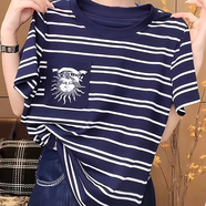 短袖t恤女士夏季衣服新款純棉藍(lán)色條紋短袖T恤女2025夏季新款寬松 藍(lán)色 M 【建議80-100斤b