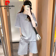 皮爾卡丹大碼胖MM休閑運動套裝女夏韓版時尚寬松顯瘦短袖五分中褲兩件套潮 灰色 3XL 建議145-160斤