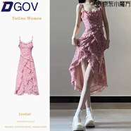 DGOV溫柔甜辣風(fēng)粉色小碎花吊帶連衣裙荷葉邊不規則夏季海邊度假連衣裙 粉色（zt） M