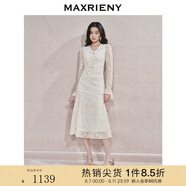 MAXRIENY浪漫復(fù)古感連衣裙收腰壓褶刺繡蕾絲長(zhǎng)裙訂婚小白裙 米白 L 03/38