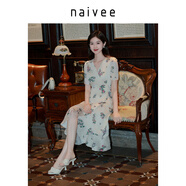 納薇（naivee）【法式中國風(fēng)】印花V領(lǐng)短袖連衣裙萊賽爾收腰新款花鳥(niǎo)印花連衣裙 米色 S
