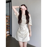 巧丂大碼法式白色斜肩褶皺連衣裙女溫柔風(fēng)高腰顯瘦A字短裙 米白色 請參考詳情數據選碼 S
