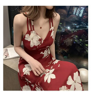 VEOX2025夏季新款韓版中長(zhǎng)款印花露背性感吊帶連衣裙女度假大擺沙灘裙 紅色 S 建議80-95斤