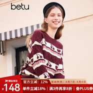 百圖betu女裝秋冬新款毛衣彩色條紋印花圖案套頭毛衫女2310T37 紅色 L