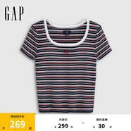 Gap女裝2025秋季新款logo純棉U領(lǐng)短袖針織衫柔軟合身毛衣791231 海軍藍條紋 S (160/80A) 亞洲尺碼