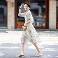 德瑪納【法式仙感碎花裙】夏清純飄逸燈籠袖大擺綁帶印花連衣裙女中長(cháng)