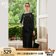 Olrain歐芮兒黑色背帶連衣裙女春裝新款復(fù)古百搭直筒牛仔裙 黑色 M